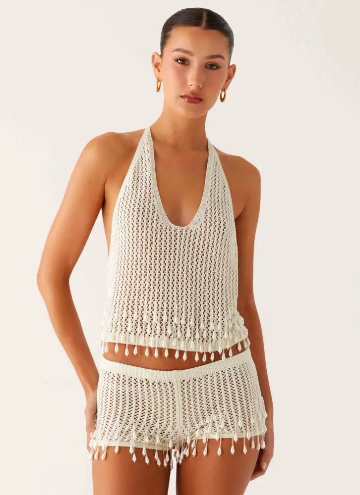Pearl Shore Beaded Crochet Mini Shorts - Ivory