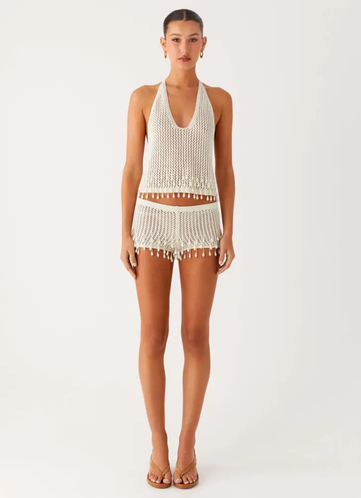 Pearl Shore Beaded Crochet Mini Shorts - Ivory