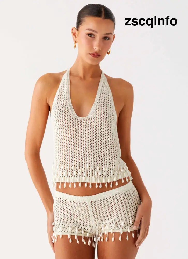 Pearl Shore Beaded Crochet Top - Ivory
