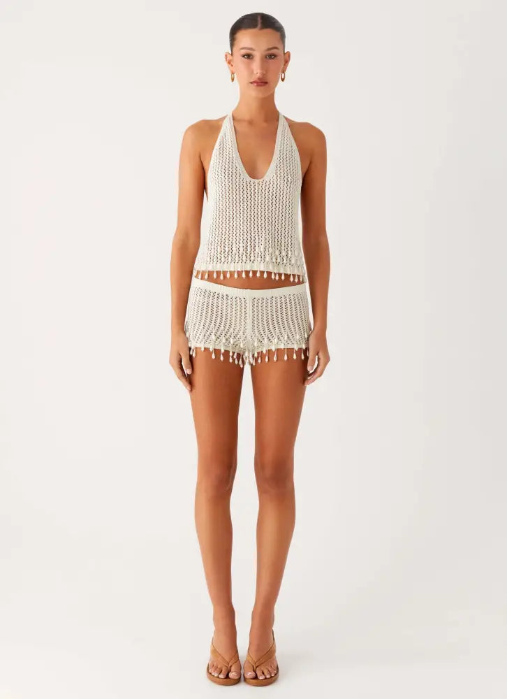 Pearl Shore Beaded Crochet Top - Ivory